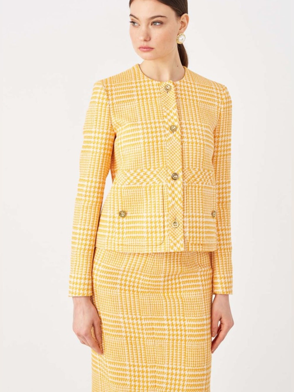 Escada 2PC Tweed Blazer & Skirt Size 46 Yellow Houndstooth Skirt Suit L/XL